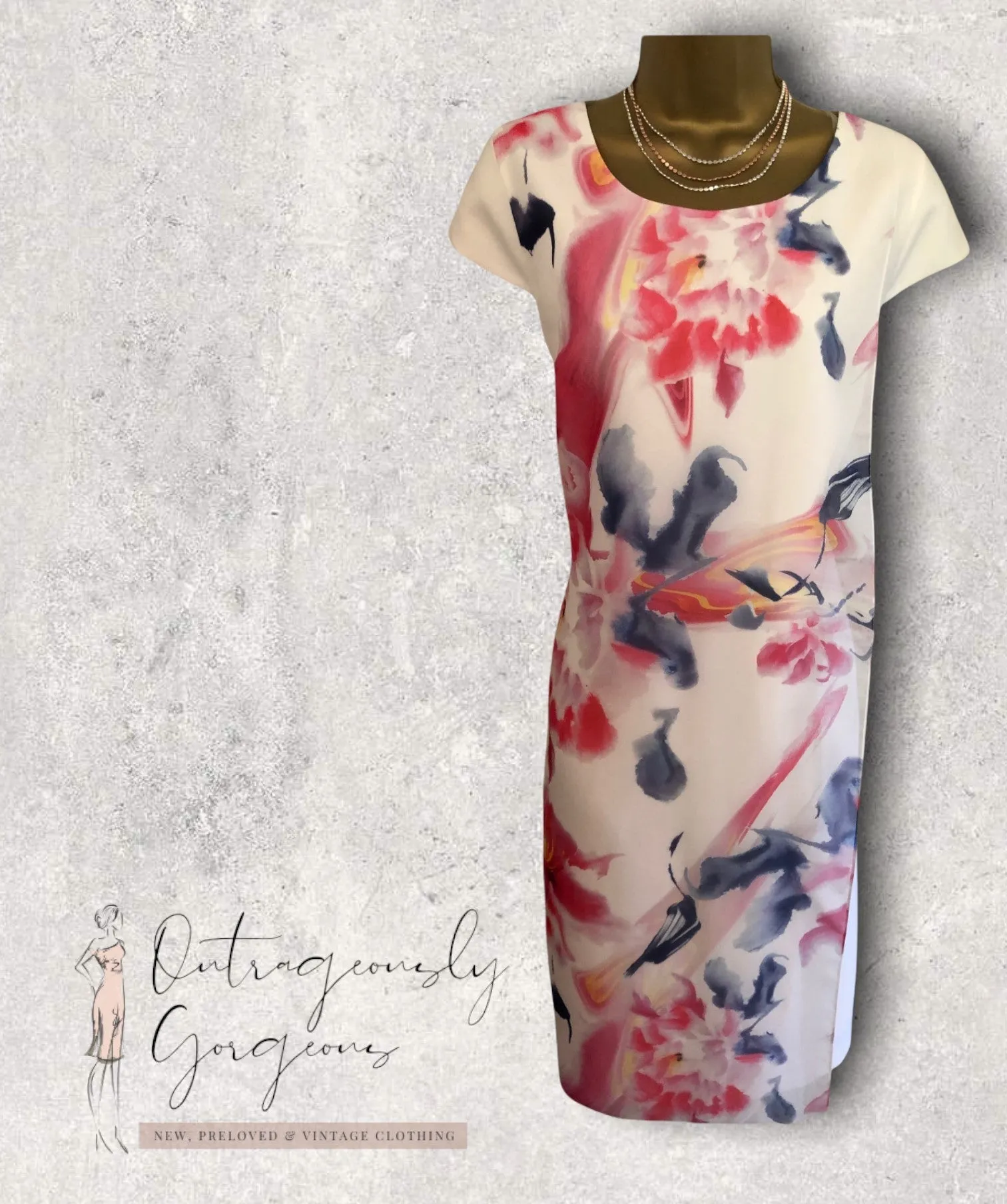 Lizabella White Pencil Dress With Floral Chiffon Overlay UK 14 US 10 EU 42 BNWT