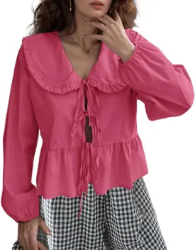 Lunoakvo Women Lapel Doll Collar Blouse Puff Sleeve Pleated Tie Front Peplum Shirts Summer Cute Babydoll Tops