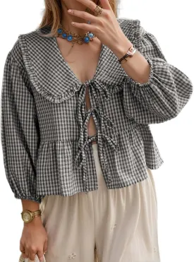 Lunoakvo Women Lapel Doll Collar Blouse Puff Sleeve Pleated Tie Front Peplum Shirts Summer Cute Babydoll Tops