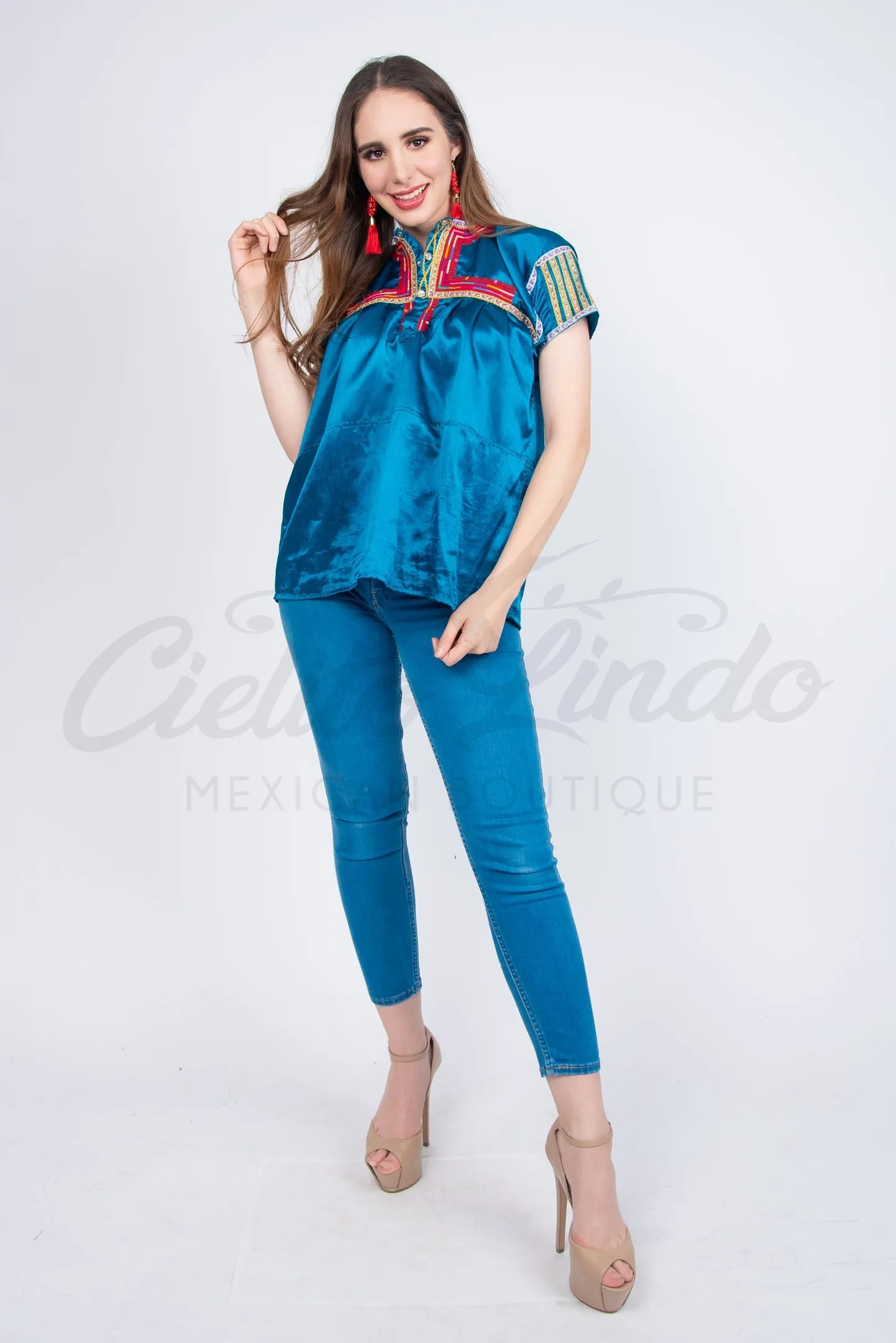 Mexican Blue Sateen Top Chamula