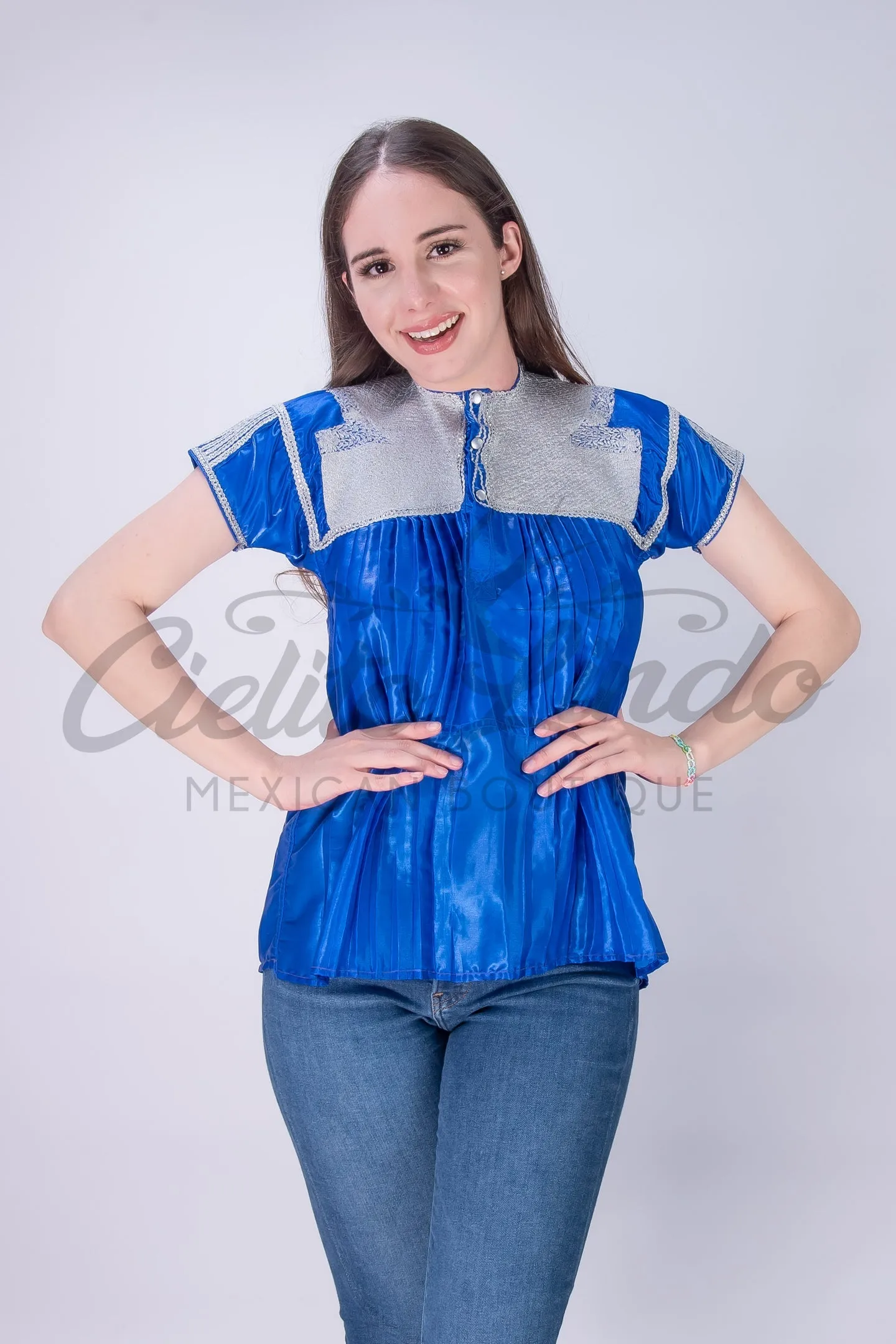 Mexican Blue Sateen Top Chamula