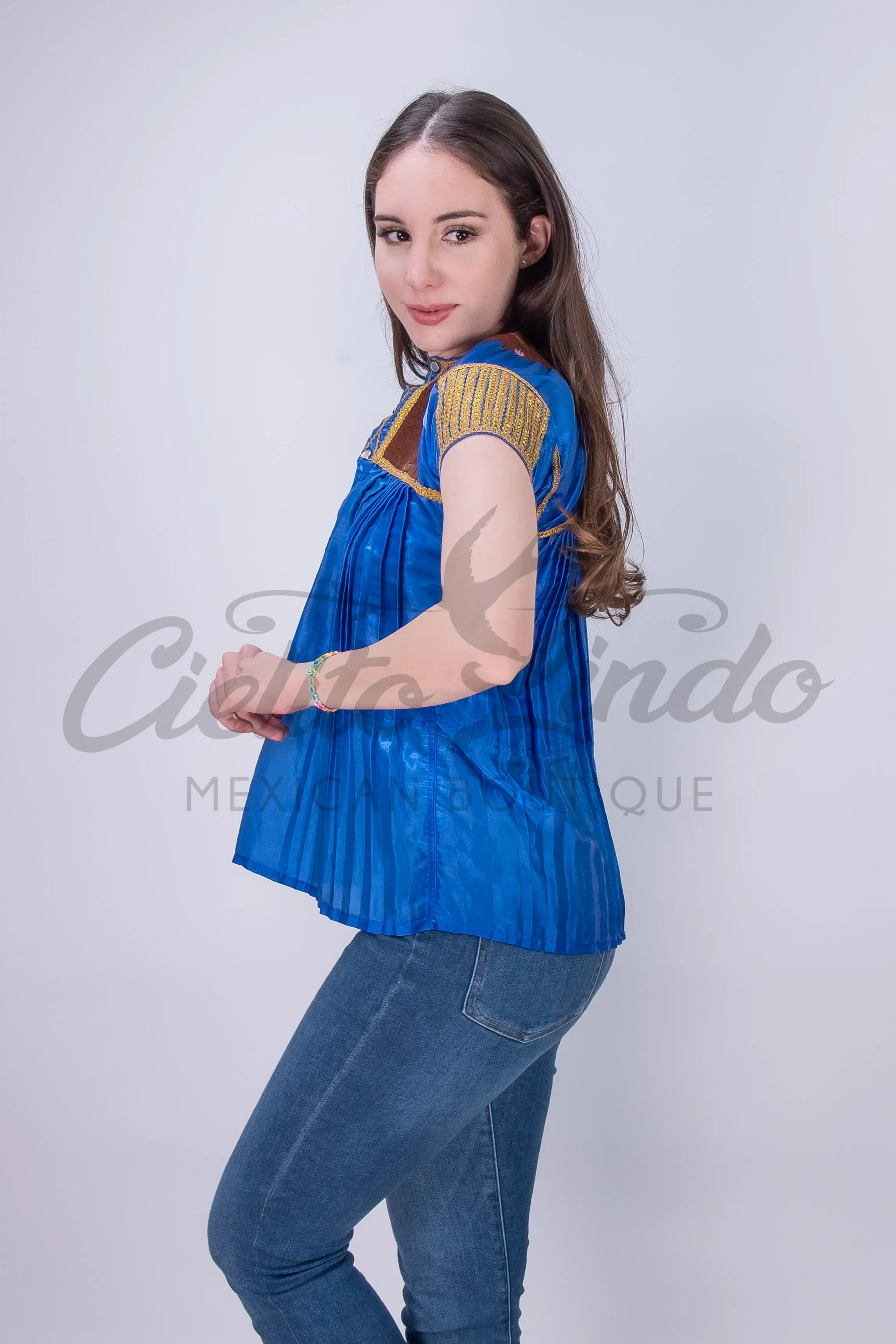 Mexican Blue Sateen Top Chamula