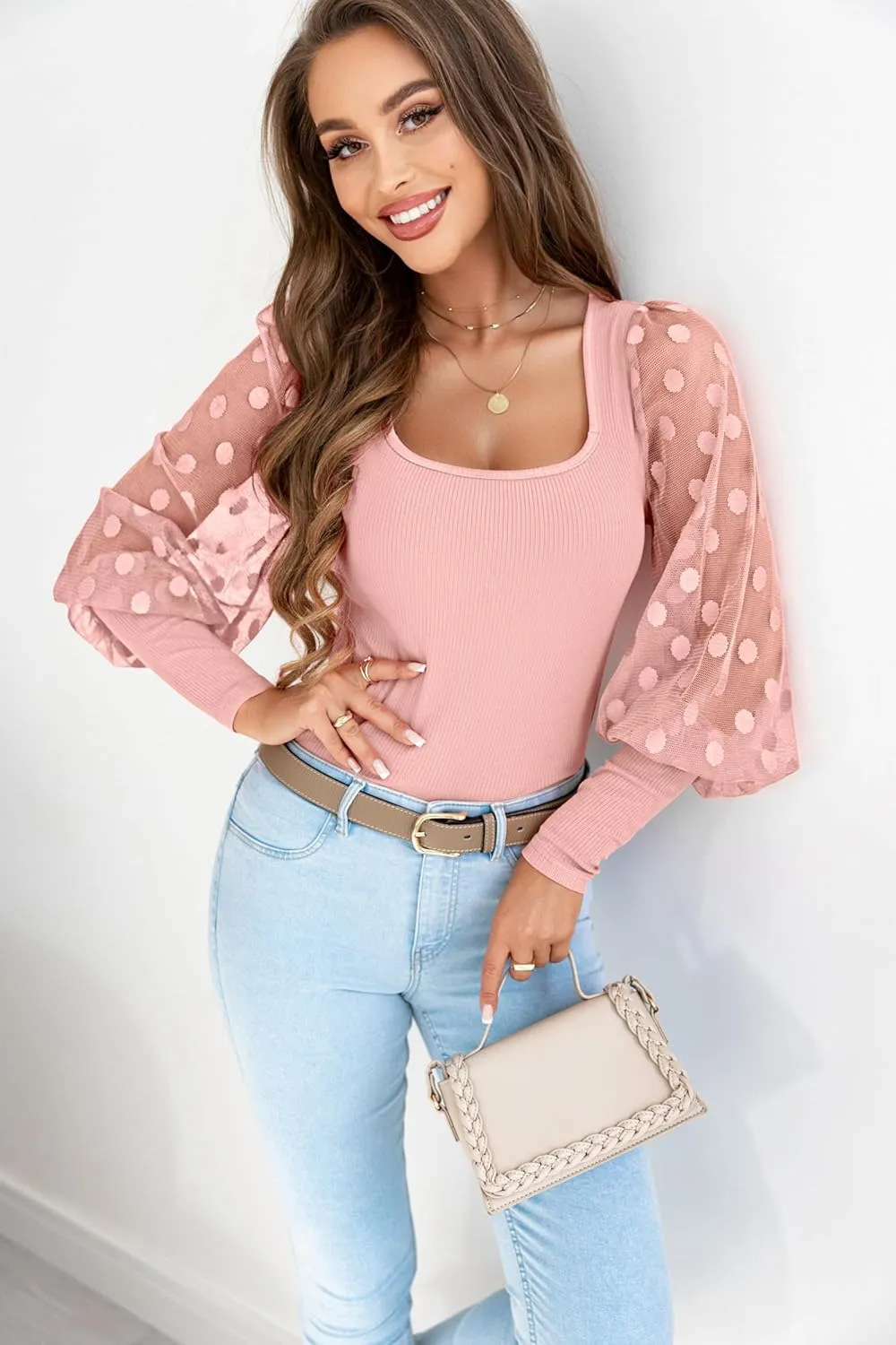 miduo Womens Tops Square Neck Polka Dot Balloon Long Sleeve Top Shirts Slim Knit Ribbed Tops Blouses
