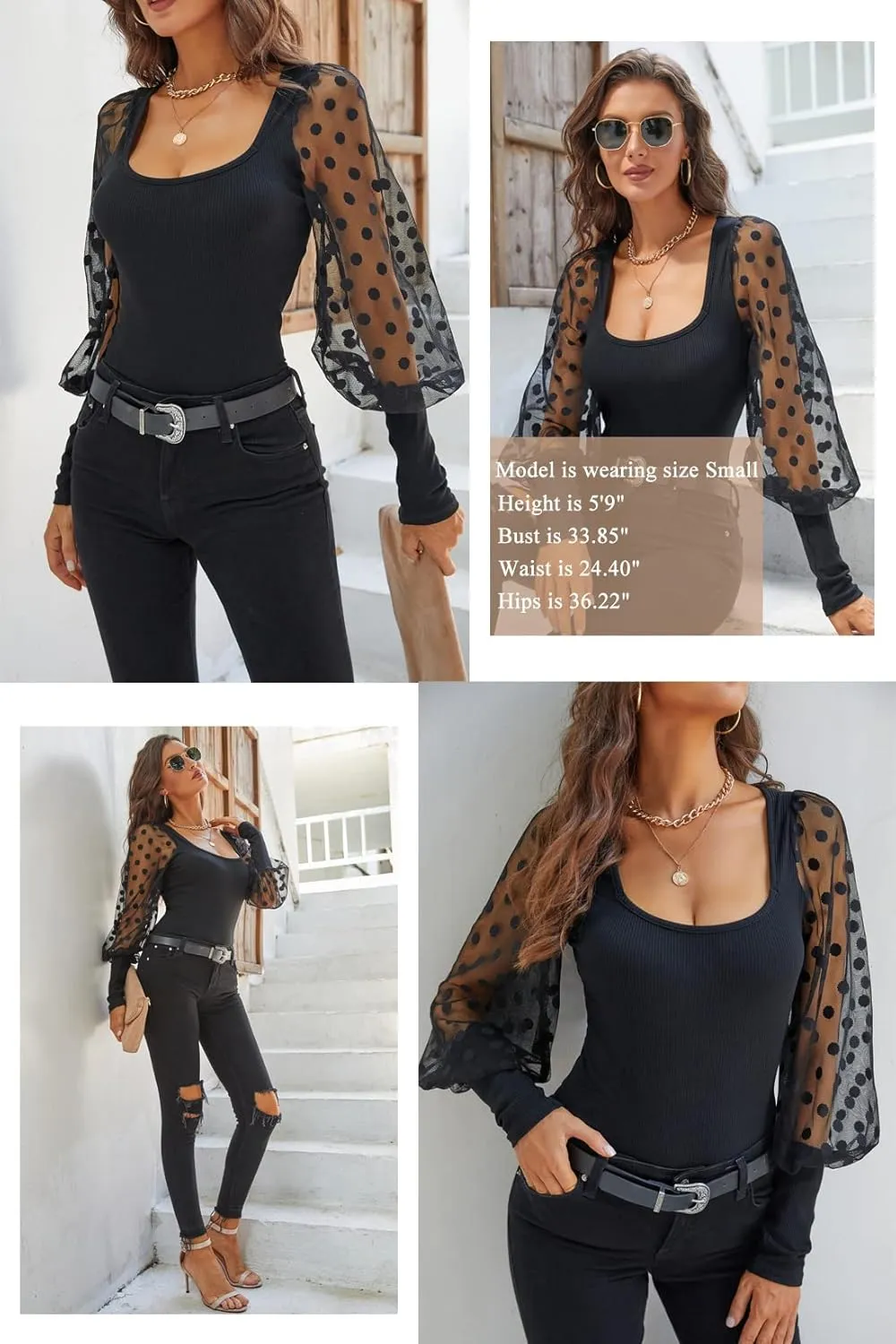 miduo Womens Tops Square Neck Polka Dot Balloon Long Sleeve Top Shirts Slim Knit Ribbed Tops Blouses