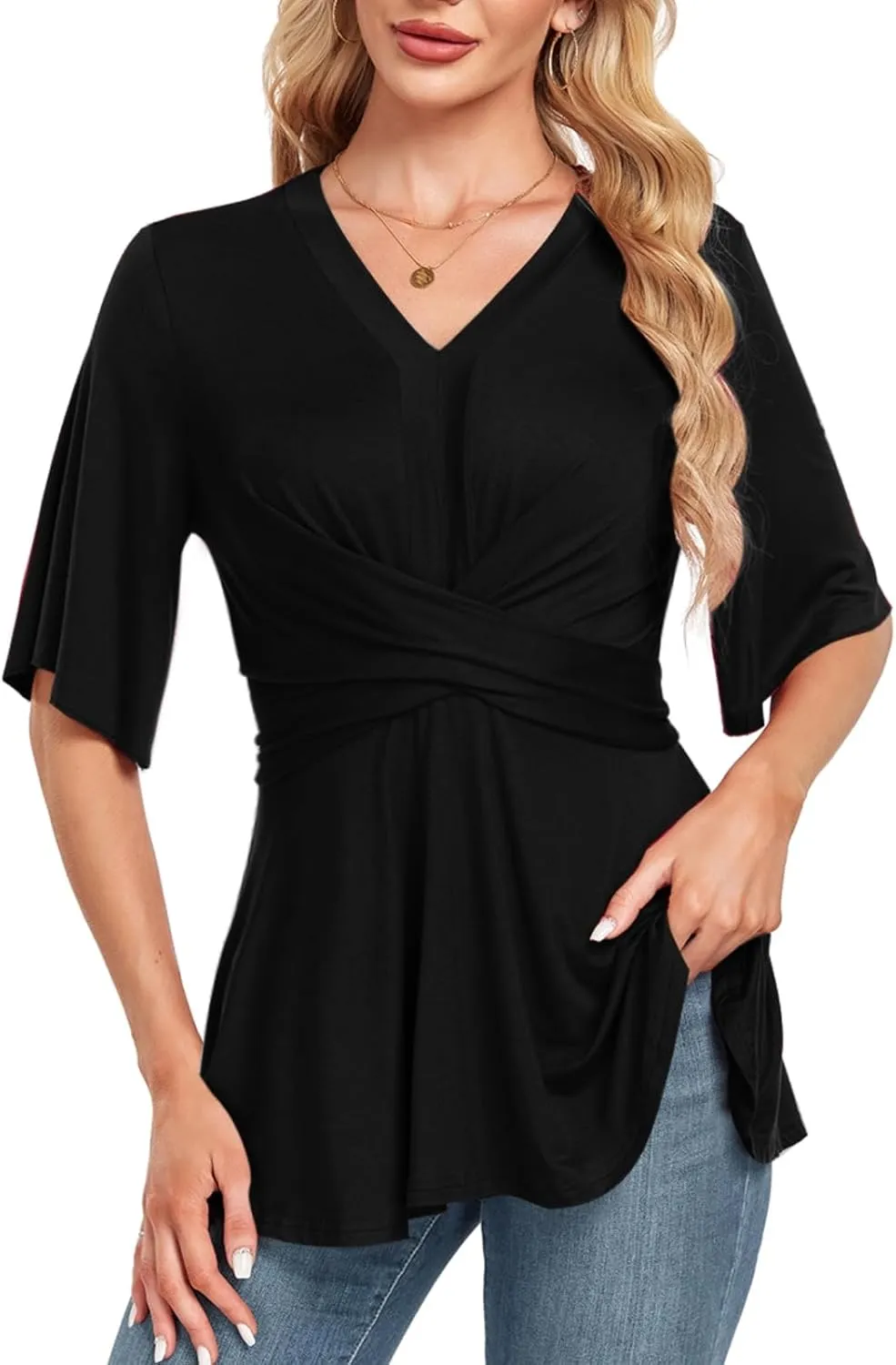 MINTLIMIT Womens Peplum Tops 2025 V Neck Ruffle Short Sleeve Tie Back Elegant Blouse Dressy Casual Work Shirts