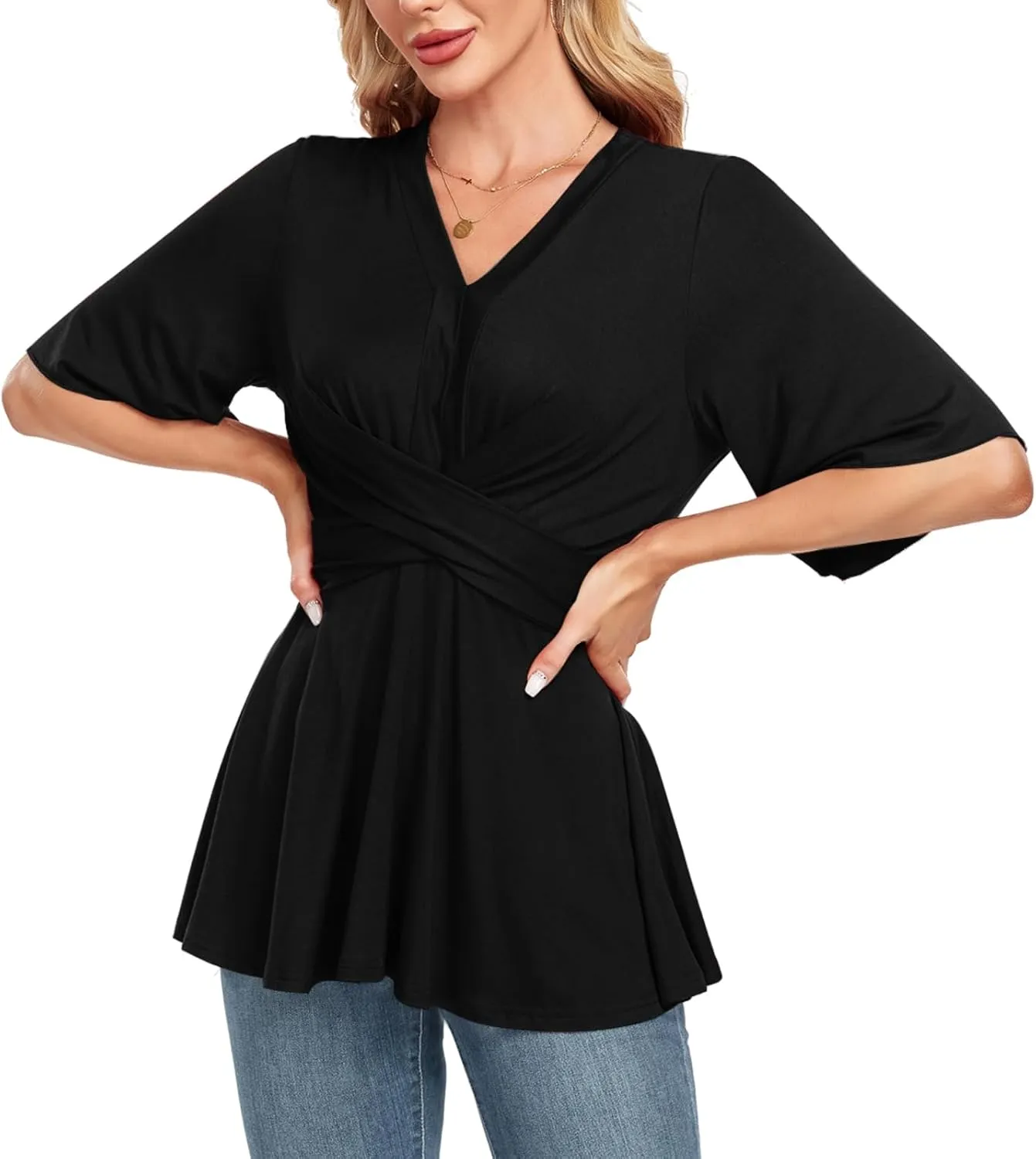 MINTLIMIT Womens Peplum Tops 2025 V Neck Ruffle Short Sleeve Tie Back Elegant Blouse Dressy Casual Work Shirts