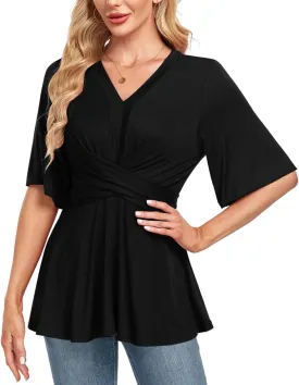MINTLIMIT Womens Peplum Tops 2025 V Neck Ruffle Short Sleeve Tie Back Elegant Blouse Dressy Casual Work Shirts