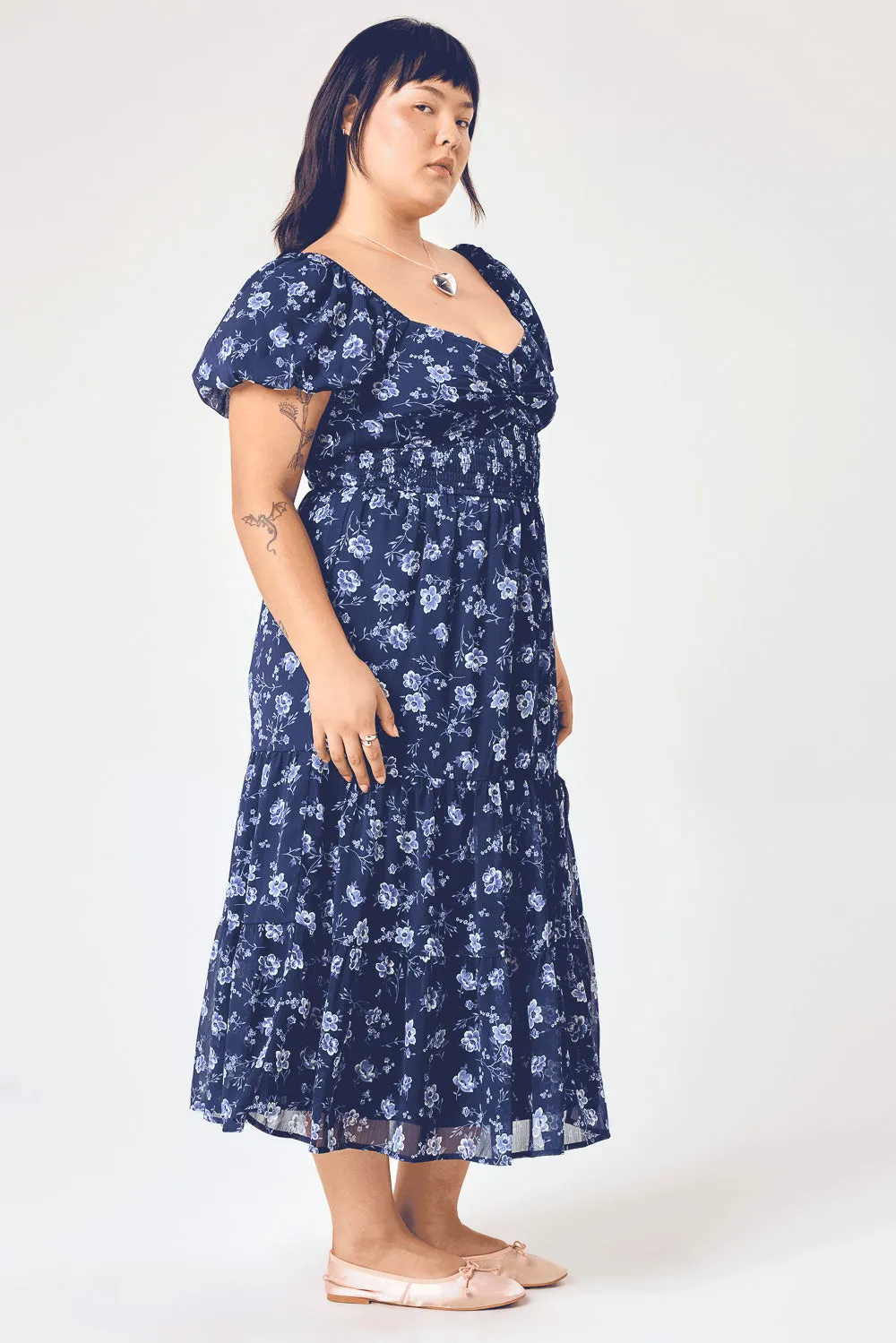 Navy Floral Puff Sleeve Twist Midi Dress