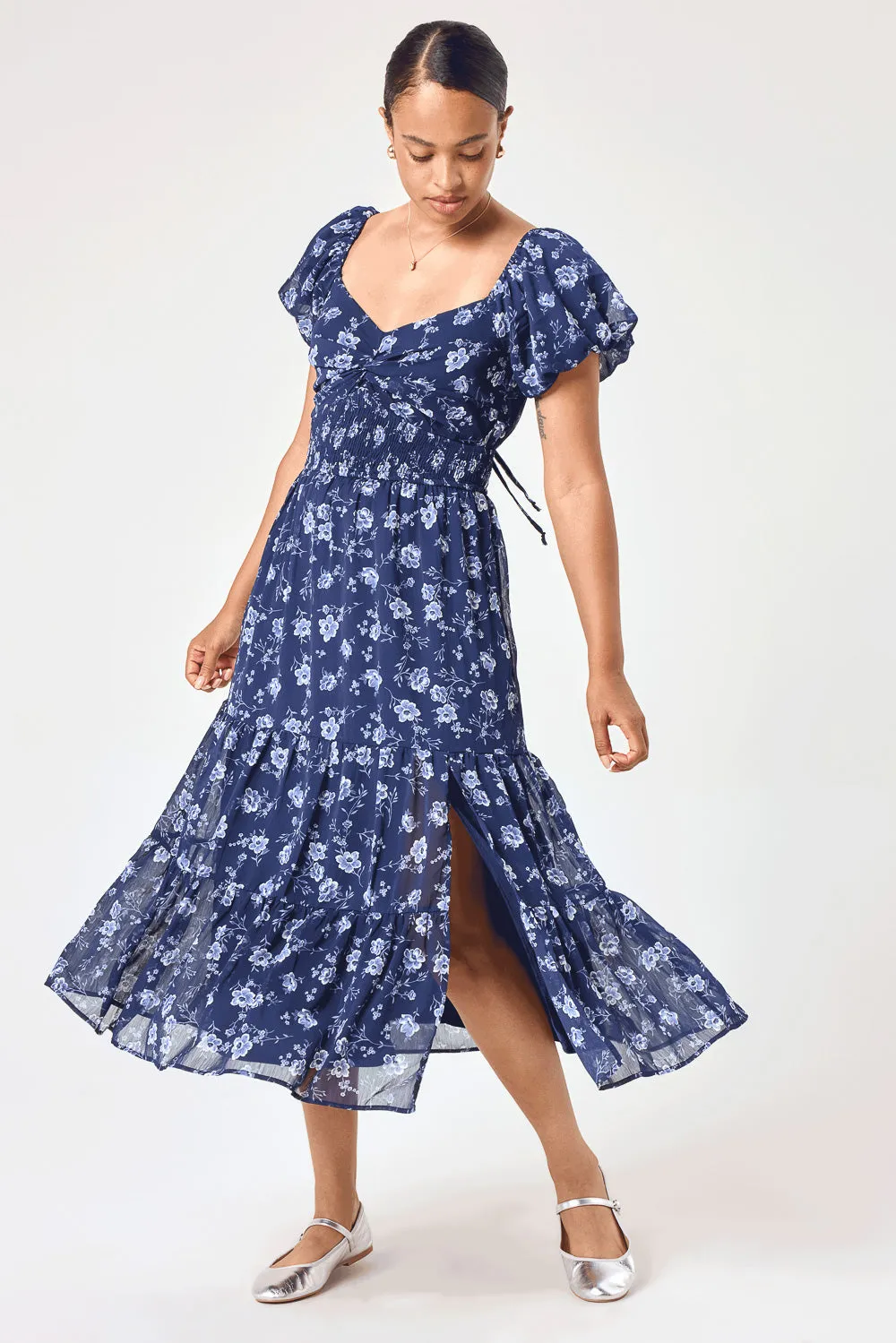 Navy Floral Puff Sleeve Twist Midi Dress