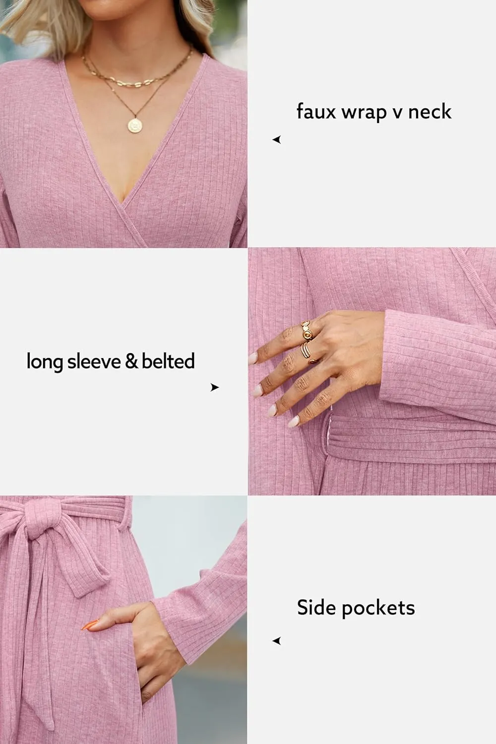 Newshows Womens 2025 Fall Sweater Dress Long Sleeve Business Casual Outfits V Neck Ribbed Knit Belt Trendy with Pockets