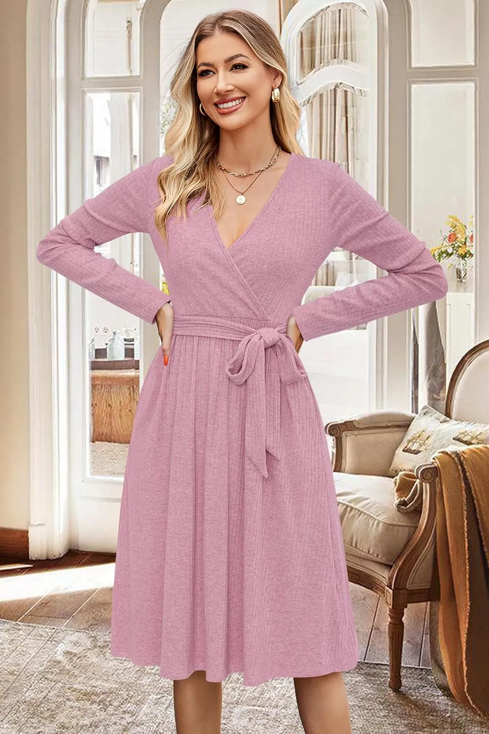 Newshows Womens 2025 Fall Sweater Dress Long Sleeve Business Casual Outfits V Neck Ribbed Knit Belt Trendy with Pockets