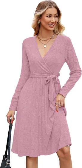 Newshows Womens 2025 Fall Sweater Dress Long Sleeve Business Casual Outfits V Neck Ribbed Knit Belt Trendy with Pockets