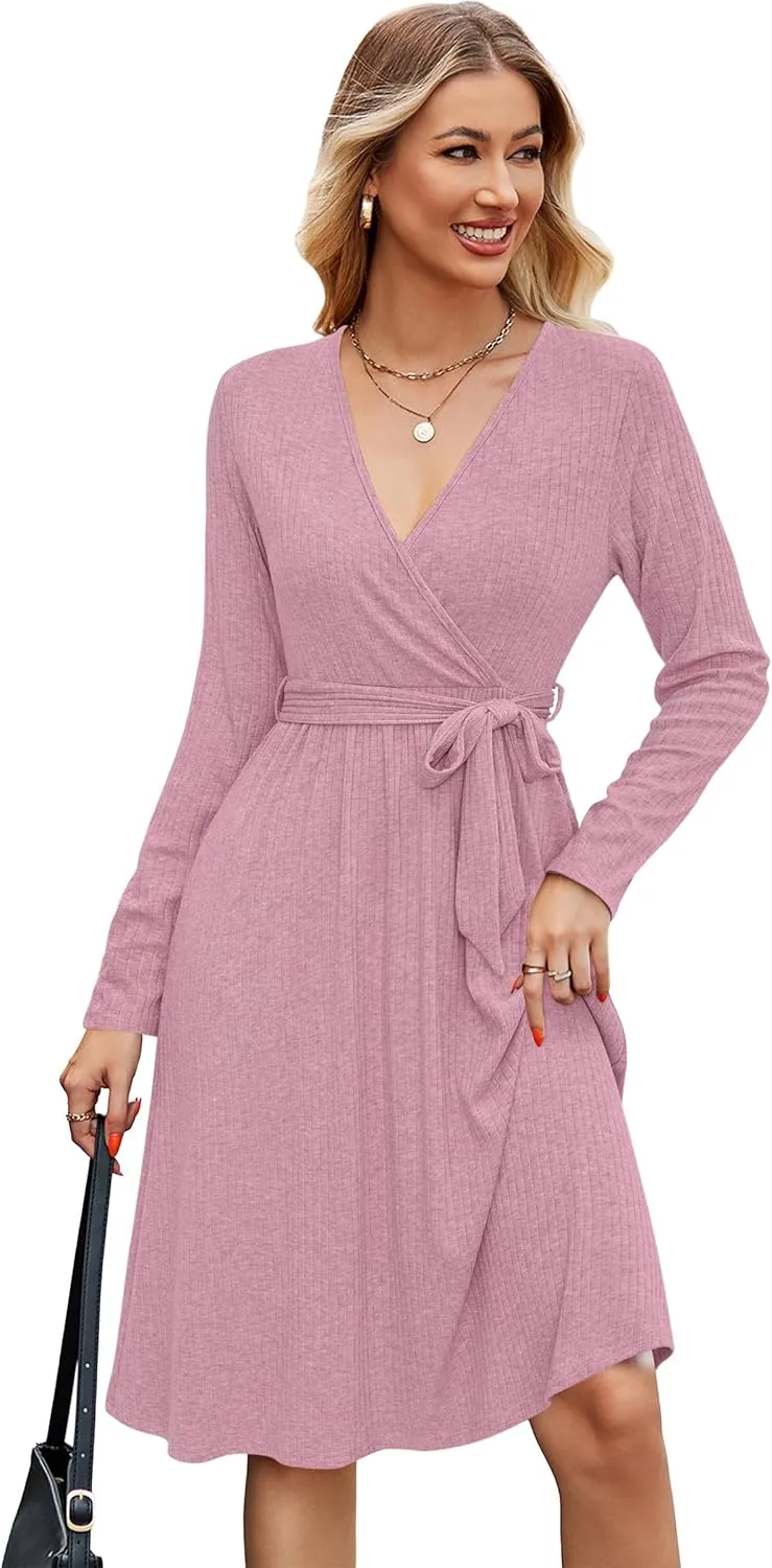 Newshows Womens 2025 Fall Sweater Dress Long Sleeve Business Casual Outfits V Neck Ribbed Knit Belt Trendy with Pockets