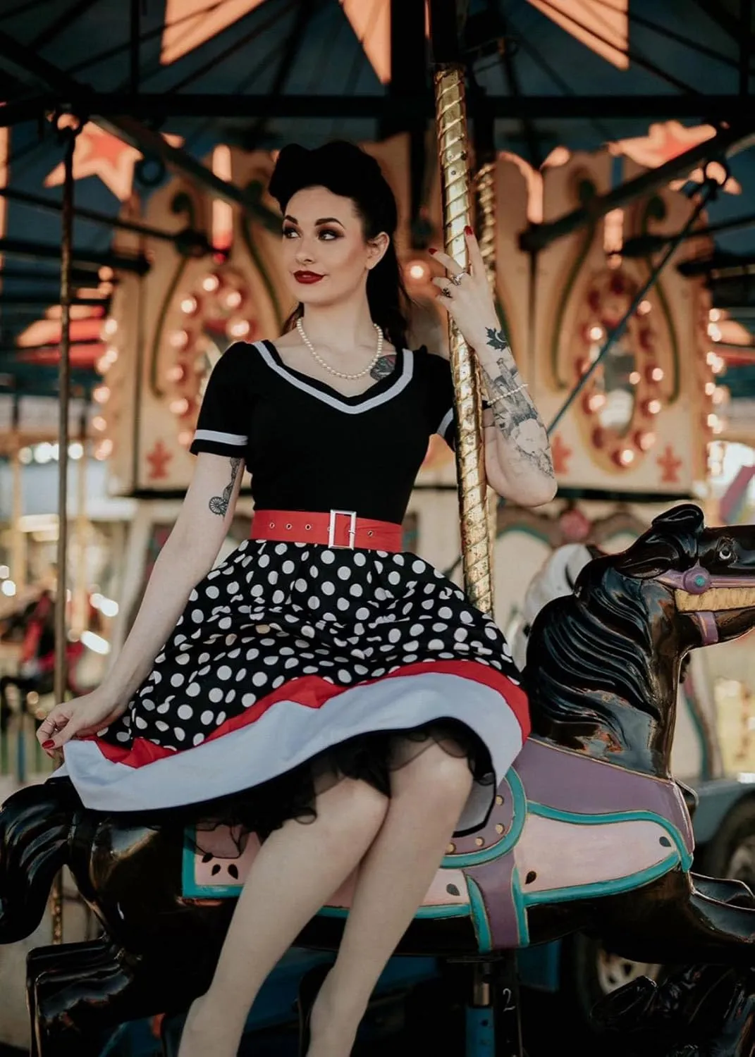 Nihsatin Vintage 1950s Retro Rockabilly Swing Dress Polka Dots Cocktail Dress with Belt