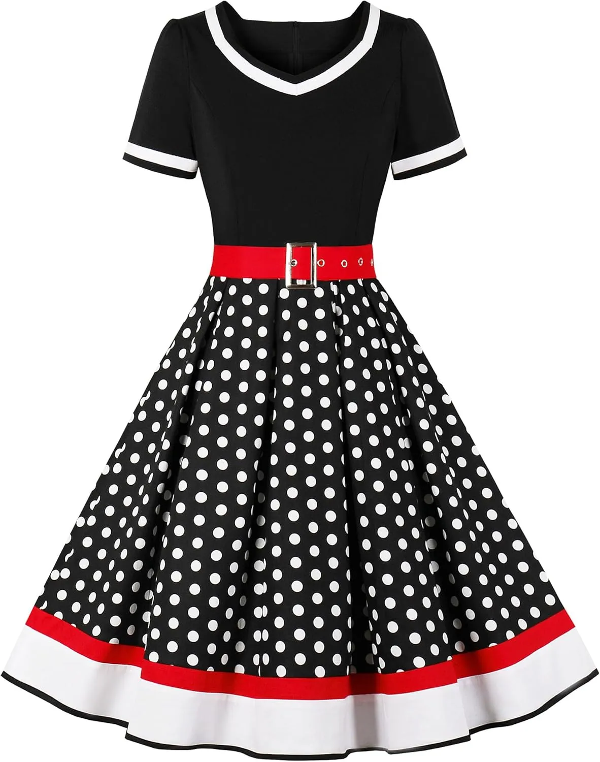 Nihsatin Vintage 1950s Retro Rockabilly Swing Dress Polka Dots Cocktail Dress with Belt
