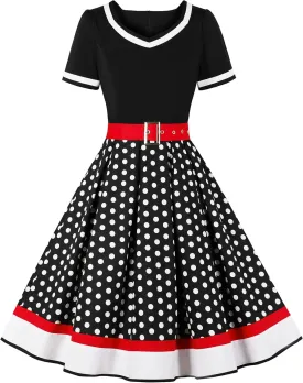 Nihsatin Vintage 1950s Retro Rockabilly Swing Dress Polka Dots Cocktail Dress with Belt