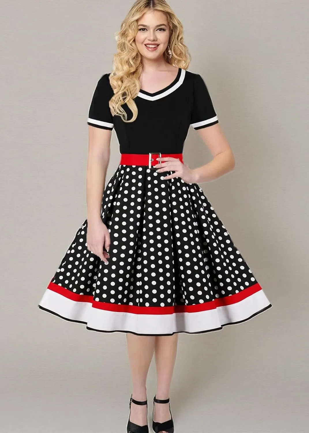 Nihsatin Vintage 1950s Retro Rockabilly Swing Dress Polka Dots Cocktail Dress with Belt