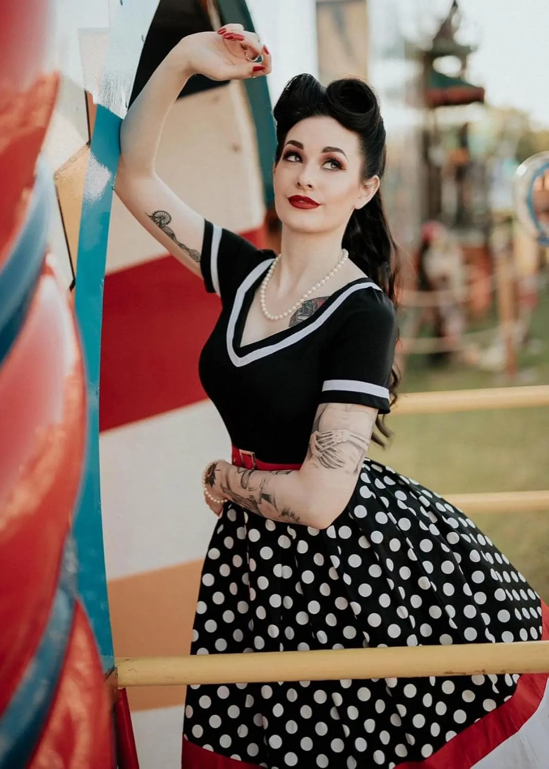 Nihsatin Vintage 1950s Retro Rockabilly Swing Dress Polka Dots Cocktail Dress with Belt