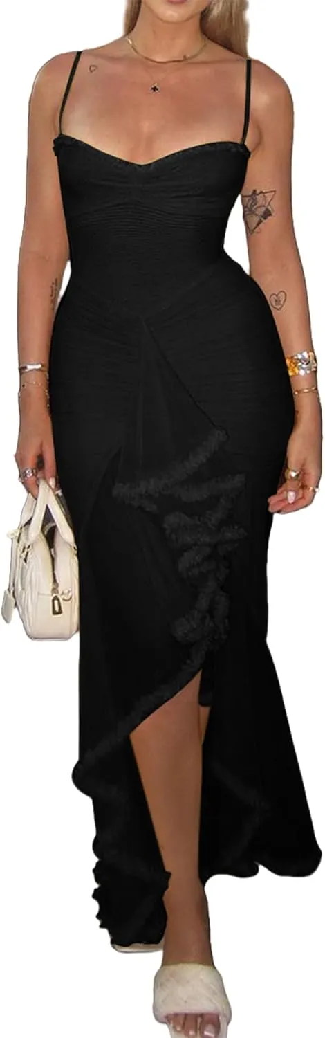 NRTHYE Women Elegant Irregular Ruffles Hem Maxi Dress Mesh Ruched Sleeveless Backless Pleated Long Party Club Dresses