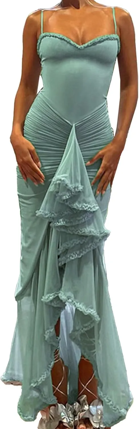 NRTHYE Women Elegant Irregular Ruffles Hem Maxi Dress Mesh Ruched Sleeveless Backless Pleated Long Party Club Dresses