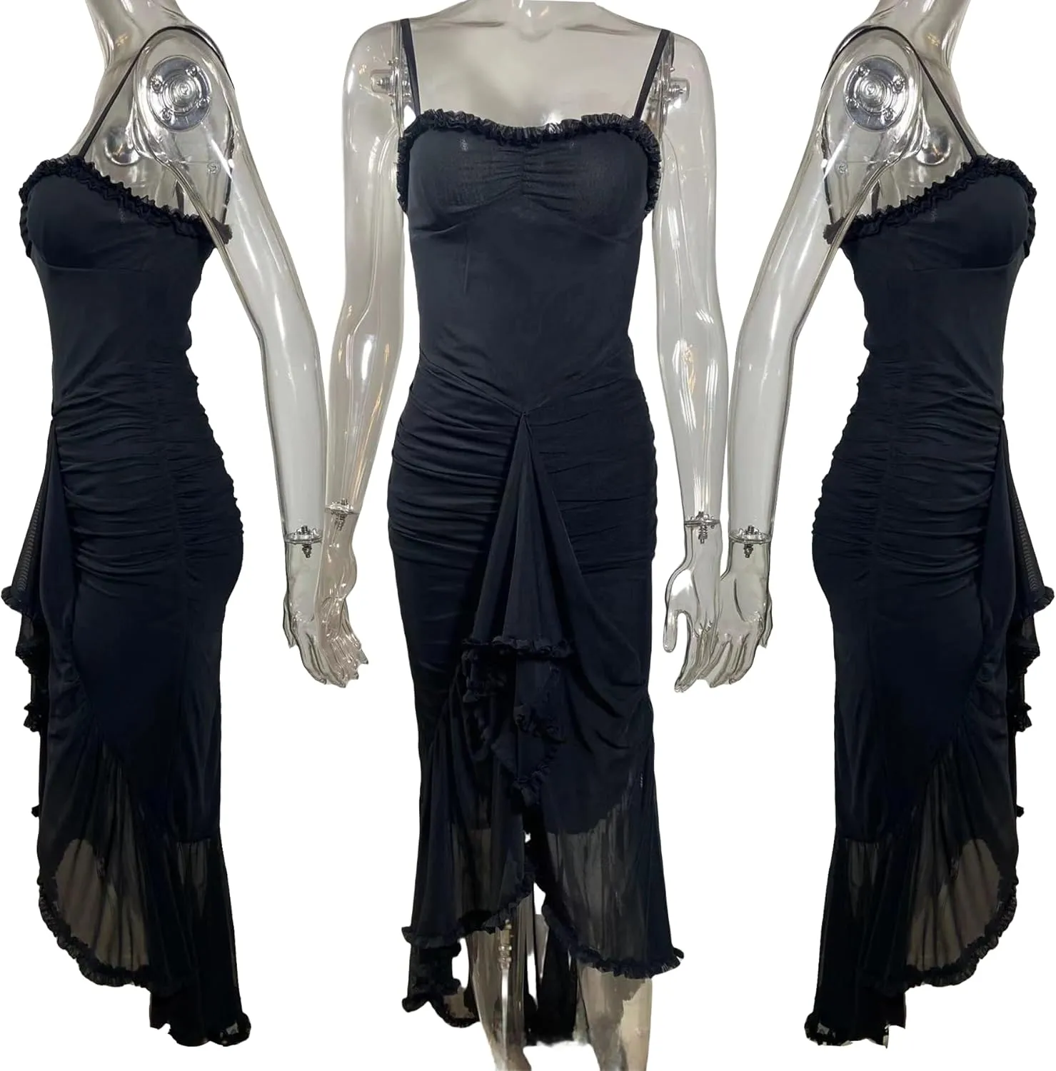 NRTHYE Women Elegant Irregular Ruffles Hem Maxi Dress Mesh Ruched Sleeveless Backless Pleated Long Party Club Dresses
