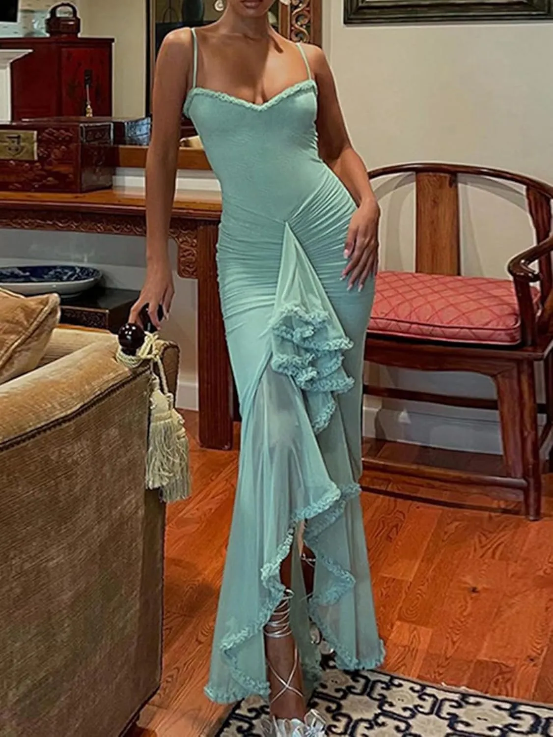 NRTHYE Women Elegant Irregular Ruffles Hem Maxi Dress Mesh Ruched Sleeveless Backless Pleated Long Party Club Dresses