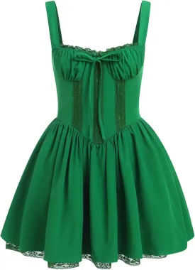 OBEEII Womens Corset Mini Dress Sexy Sleeveless Backless Low Cut Lace Short Dress Ruffle Summer Sundress