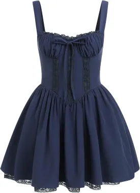 OBEEII Womens Corset Mini Dress Sexy Sleeveless Backless Low Cut Lace Short Dress Ruffle Summer Sundress