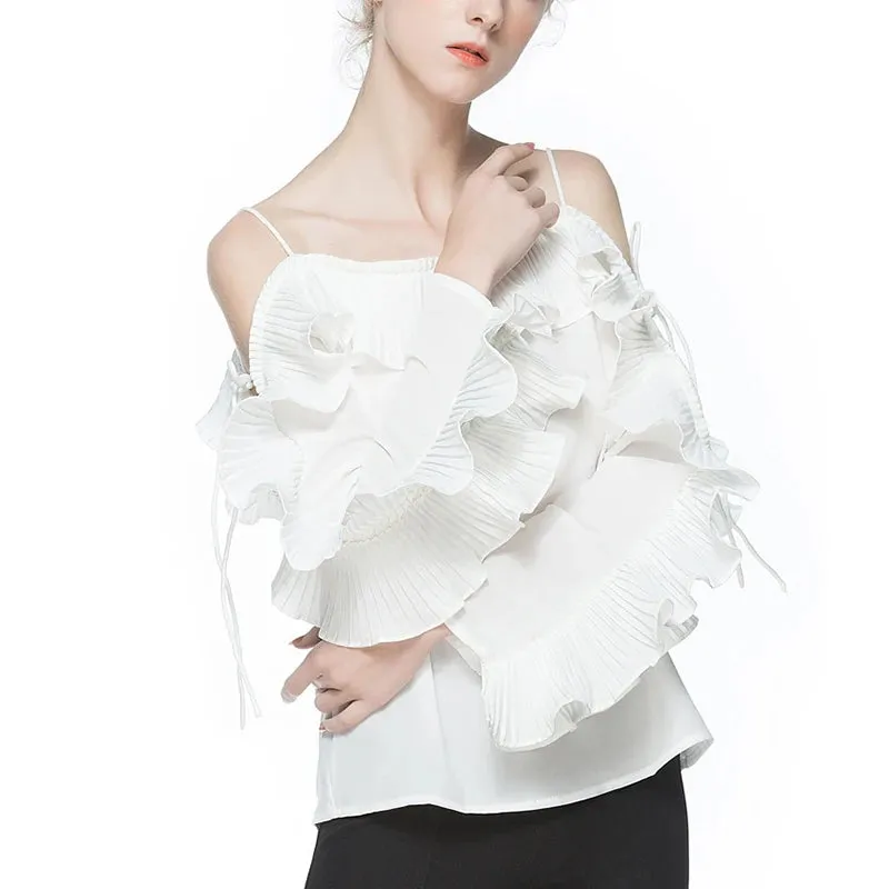 Off Shoulder Shirt For Women Ruffles Lace Up Large Size Summer Sexy Shirts Female Fashion Elegant Clothing