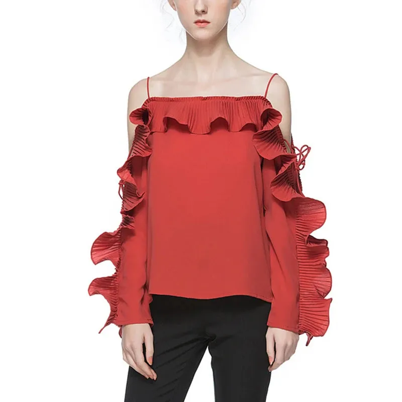 Off Shoulder Shirt For Women Ruffles Lace Up Large Size Summer Sexy Shirts Female Fashion Elegant Clothing