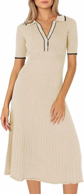 Pink Queen Women's Polo V Neck Short Sleeve Elegant High Waisted Bodycon Ribbed Swing Knit Midi Dresses