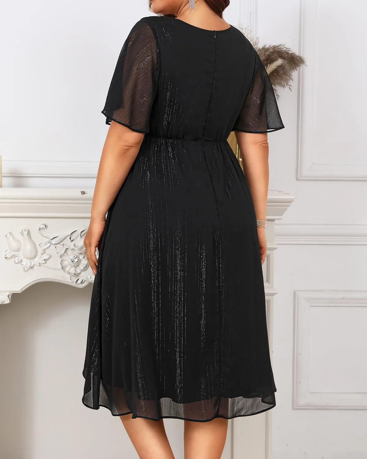Plus Size Cocktail Dress - Formal Wedding Guest Fall Long Sleeve A Line Pleated V Neck Midi Dresses for Curvy Women