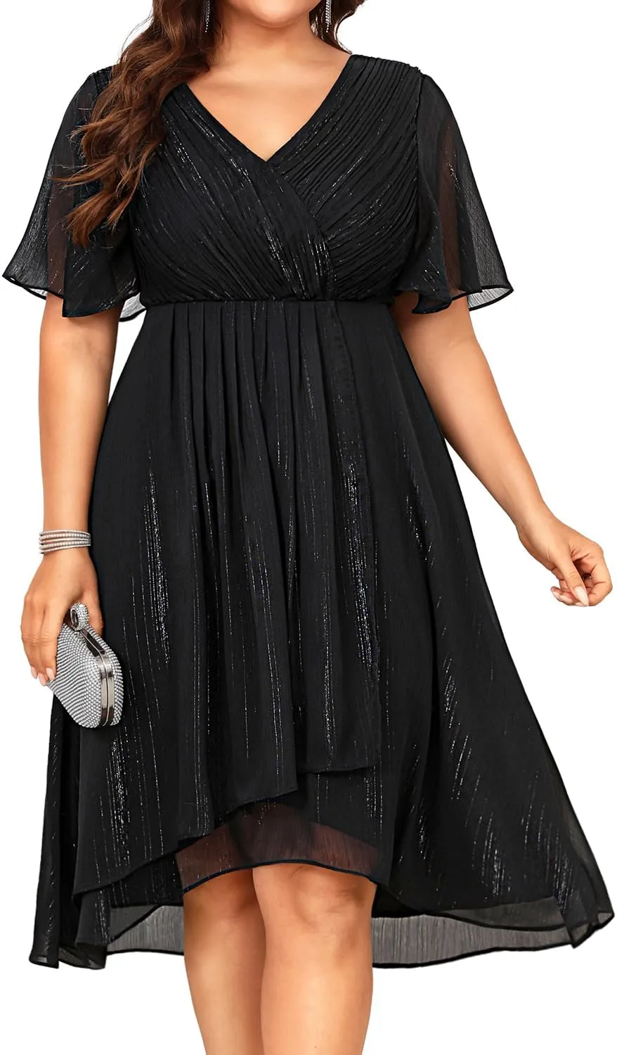 Plus Size Cocktail Dress - Formal Wedding Guest Fall Long Sleeve A Line Pleated V Neck Midi Dresses for Curvy Women