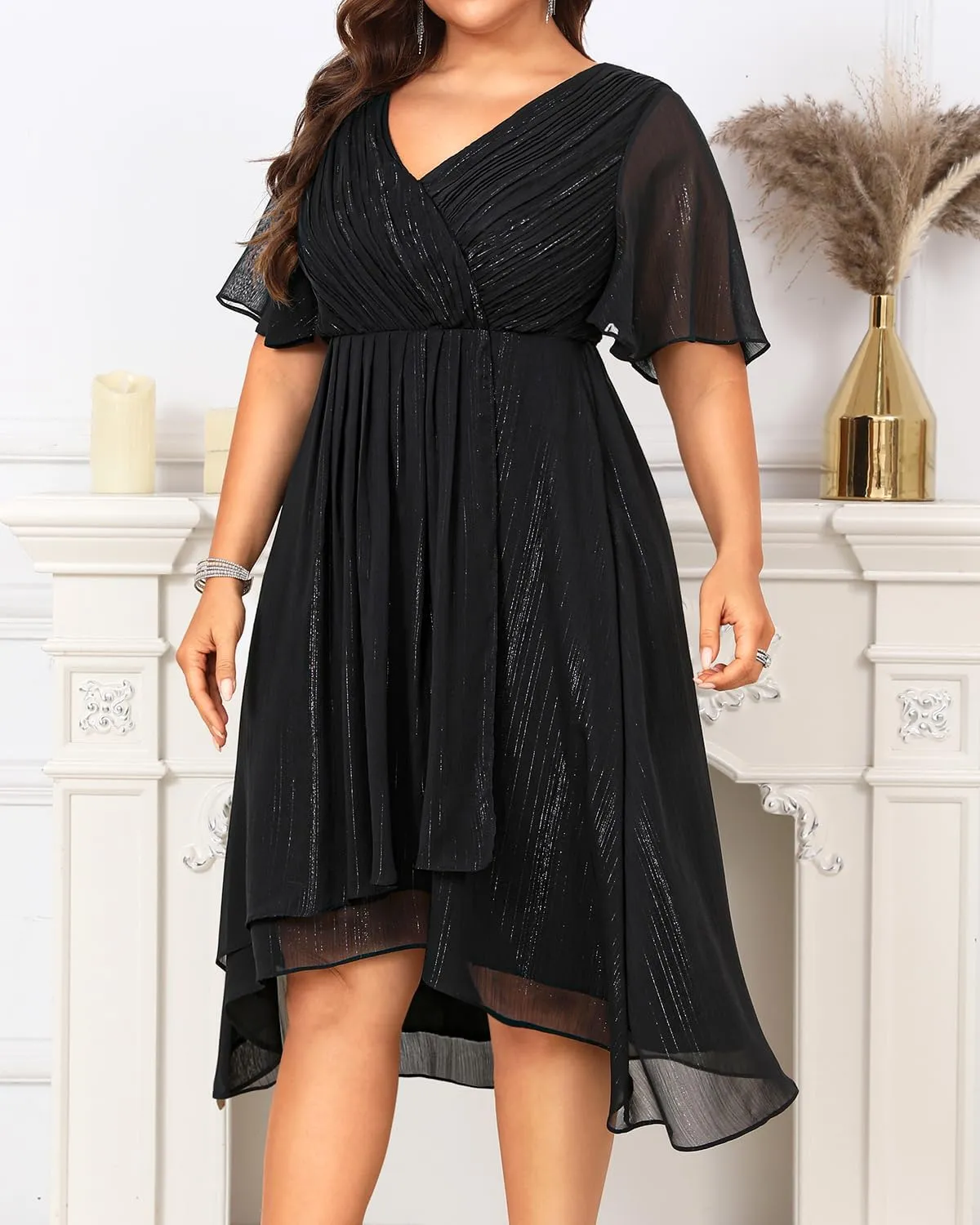 Plus Size Cocktail Dress - Formal Wedding Guest Fall Long Sleeve A Line Pleated V Neck Midi Dresses for Curvy Women