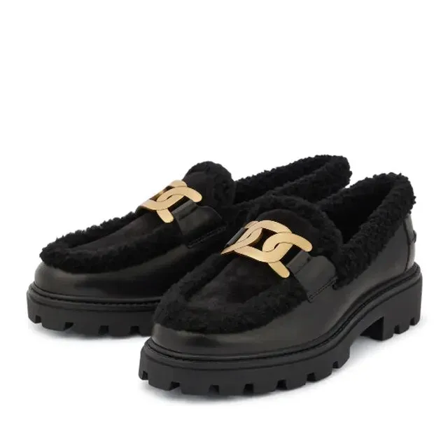 Pre Order:  Gold Chain Plush Leather Shoes