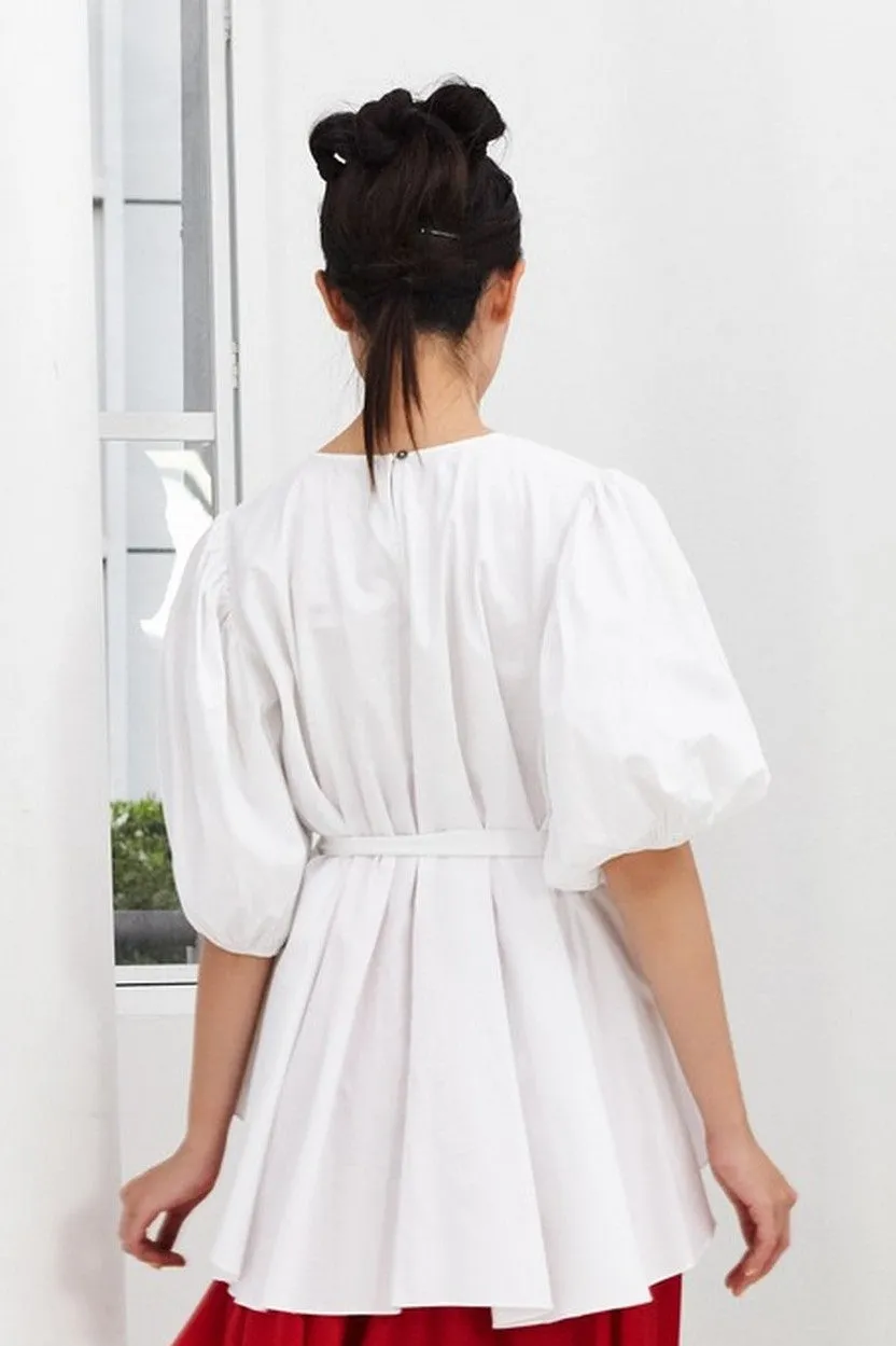 Pre- order WHITE COTTON - OVERSIZED FLARE TOP WITH GATHERED SLEEVE AND BELT - WHITE