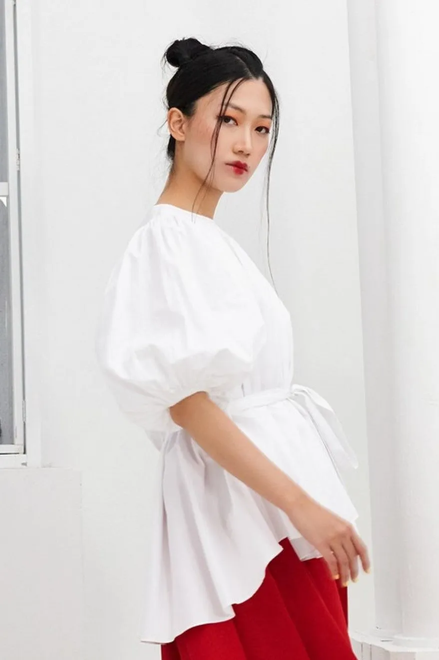 Pre- order WHITE COTTON - OVERSIZED FLARE TOP WITH GATHERED SLEEVE AND BELT - WHITE