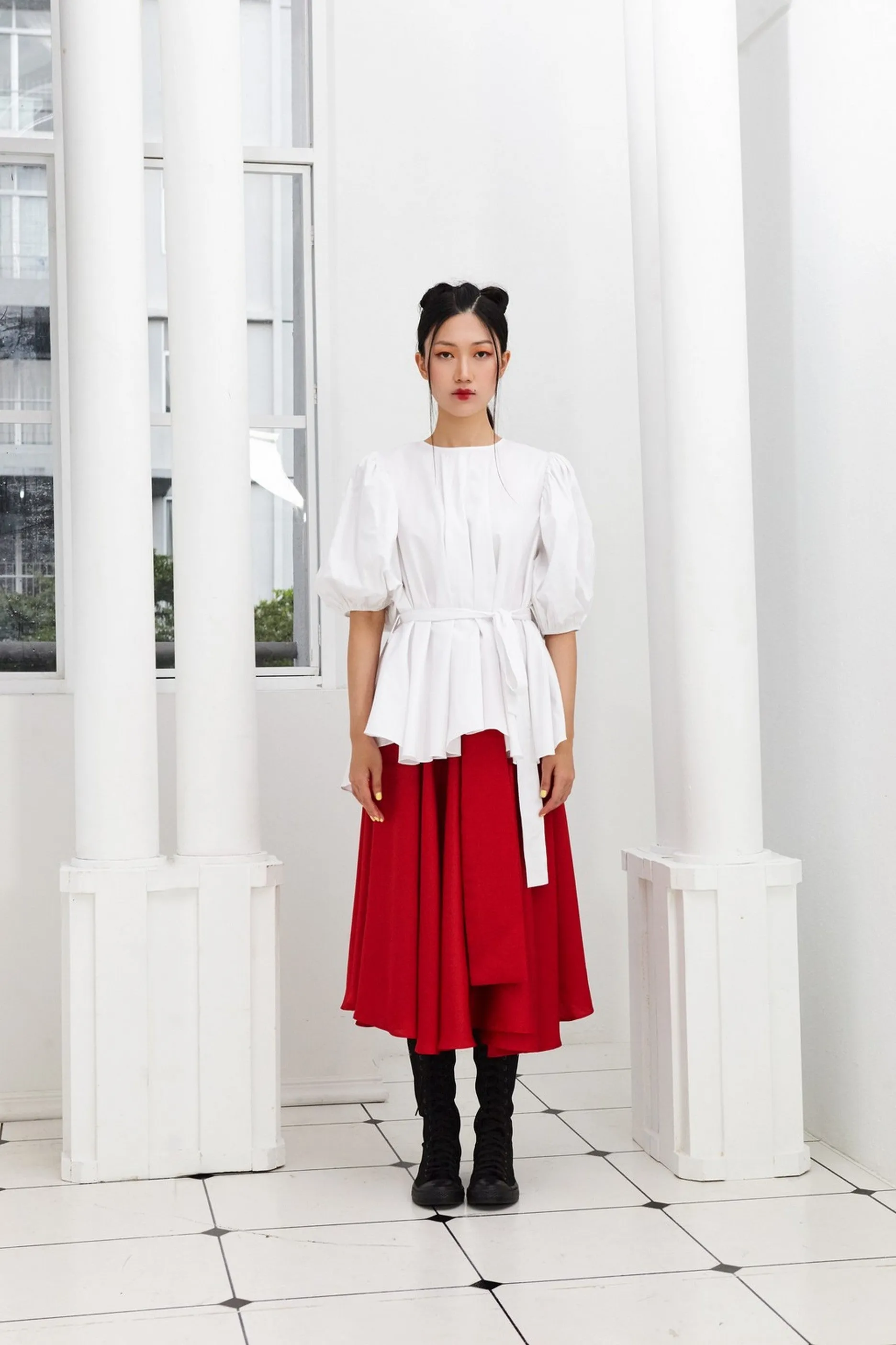 Pre- order WHITE COTTON - OVERSIZED FLARE TOP WITH GATHERED SLEEVE AND BELT - WHITE