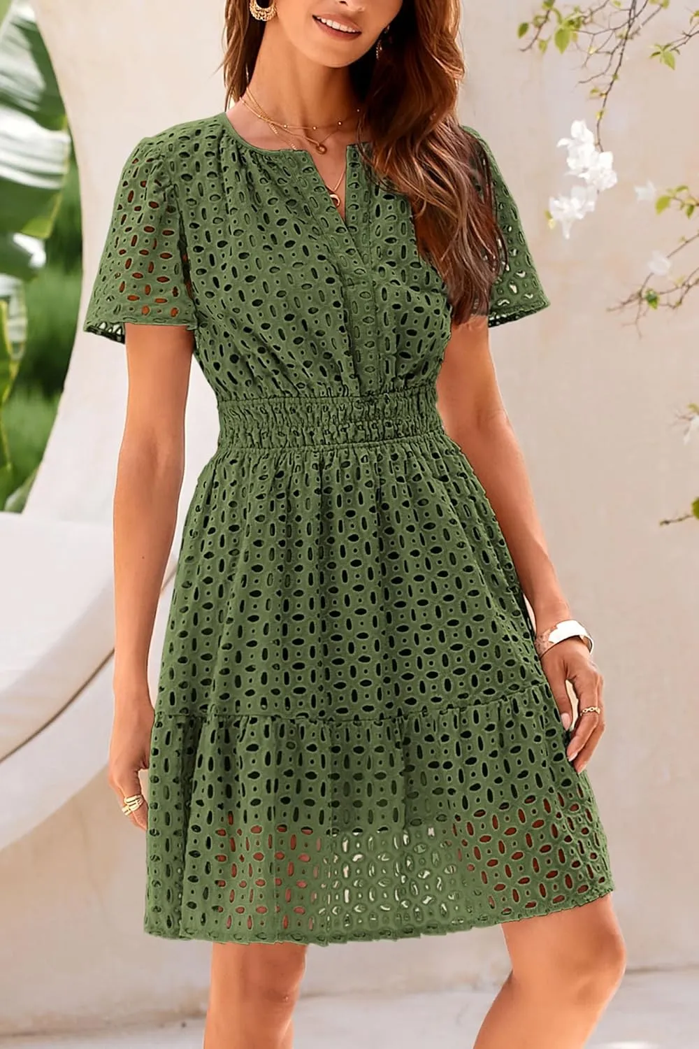 PRETTYGARDEN 2025 Women Summer Short Dress V Neck Short Sleeve A Line Hollow Out Lace Ruffle Cute Casual Beach Party Dresses
