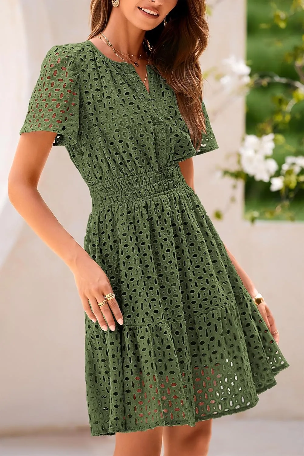 PRETTYGARDEN 2025 Women Summer Short Dress V Neck Short Sleeve A Line Hollow Out Lace Ruffle Cute Casual Beach Party Dresses
