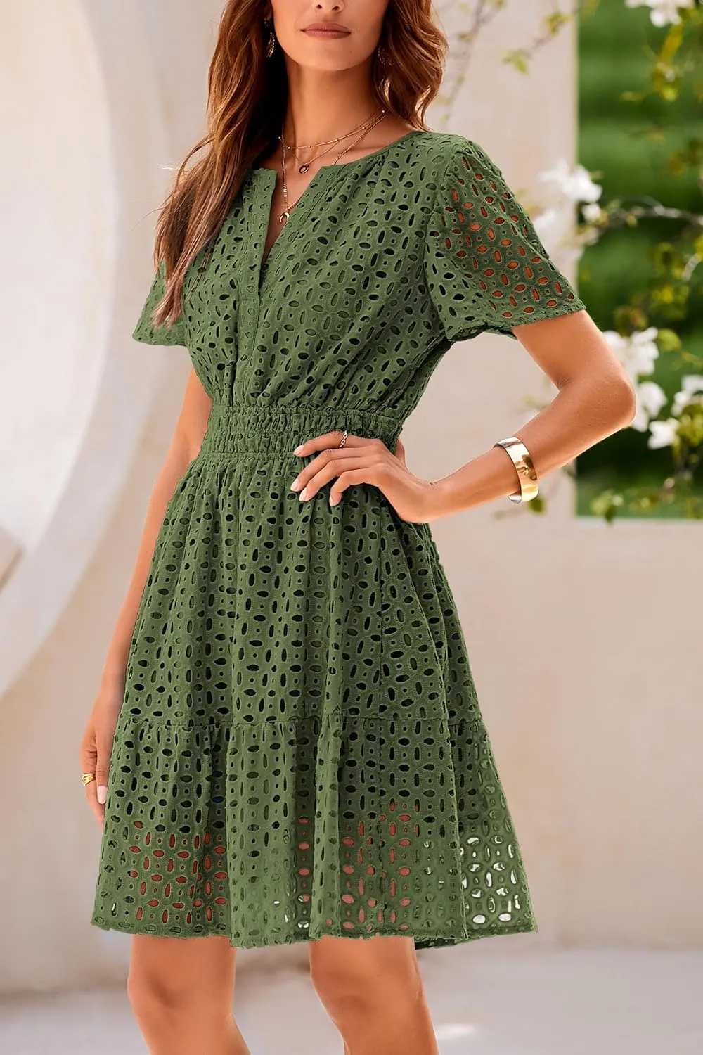 PRETTYGARDEN 2025 Women Summer Short Dress V Neck Short Sleeve A Line Hollow Out Lace Ruffle Cute Casual Beach Party Dresses