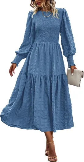 PRETTYGARDEN Women 2025 Spring Puff Long Sleeve Crewneck Smocked Maxi Dress Empire Waist Tiered A-line Swing Flowy Long Dress