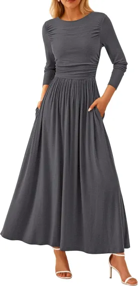 PRETTYGARDEN Women's 2025 Spring Casual Long Sleeve Maxi Dresses Crewneck Ruched A Line Flowy Elegant Modest Going Out Dress