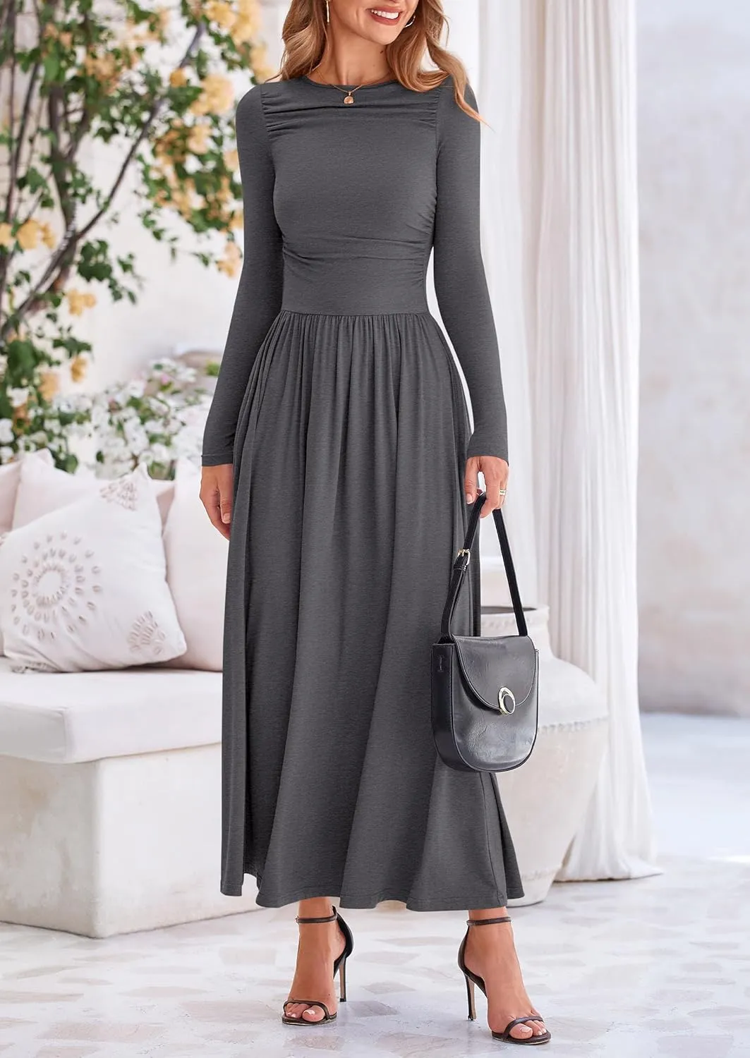 PRETTYGARDEN Women's 2025 Spring Casual Long Sleeve Maxi Dresses Crewneck Ruched A Line Flowy Elegant Modest Going Out Dress