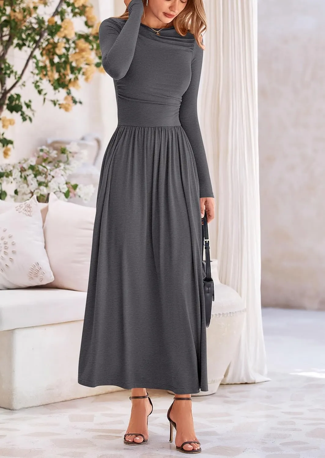 PRETTYGARDEN Women's 2025 Spring Casual Long Sleeve Maxi Dresses Crewneck Ruched A Line Flowy Elegant Modest Going Out Dress