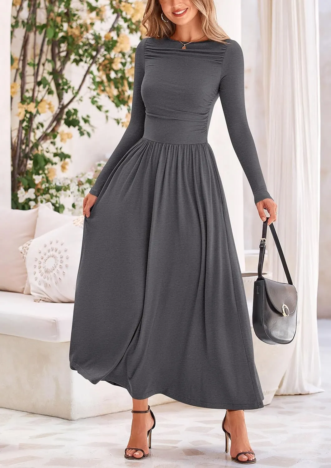 PRETTYGARDEN Women's 2025 Spring Casual Long Sleeve Maxi Dresses Crewneck Ruched A Line Flowy Elegant Modest Going Out Dress