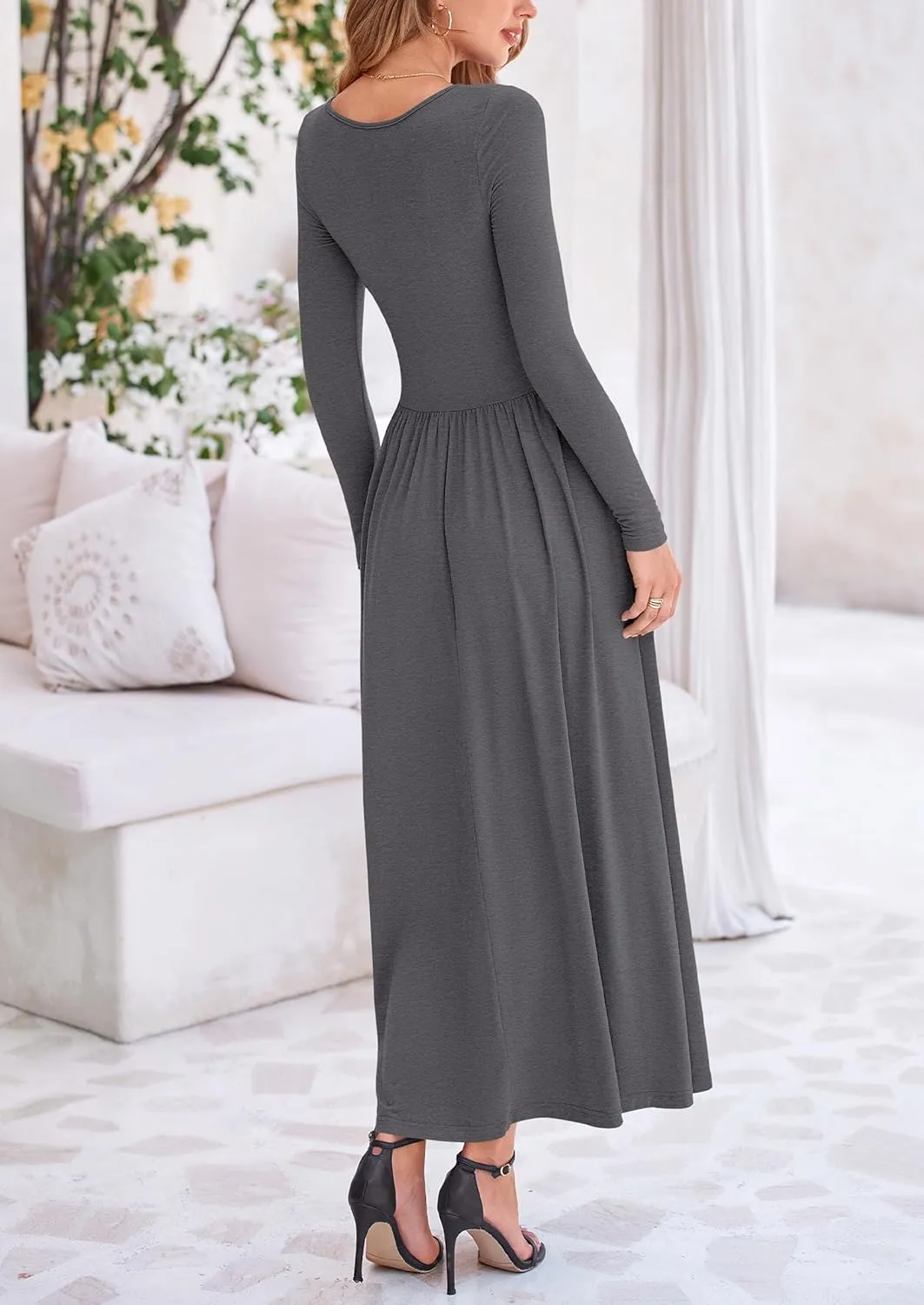 PRETTYGARDEN Women's 2025 Spring Casual Long Sleeve Maxi Dresses Crewneck Ruched A Line Flowy Elegant Modest Going Out Dress
