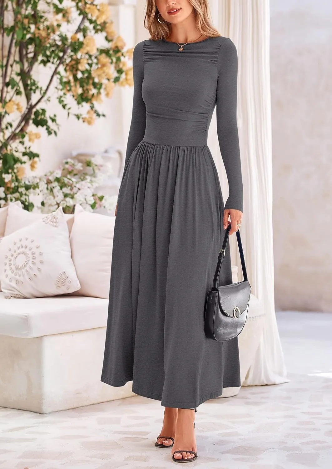 PRETTYGARDEN Women's 2025 Spring Casual Long Sleeve Maxi Dresses Crewneck Ruched A Line Flowy Elegant Modest Going Out Dress