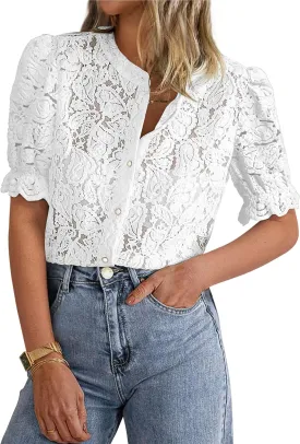 PRETTYGARDEN Womens 2025 Spring Lace Tops Short Puff Sleeve Casual Dressy Blouses Eyelet Crew Neck Button Down Shirts