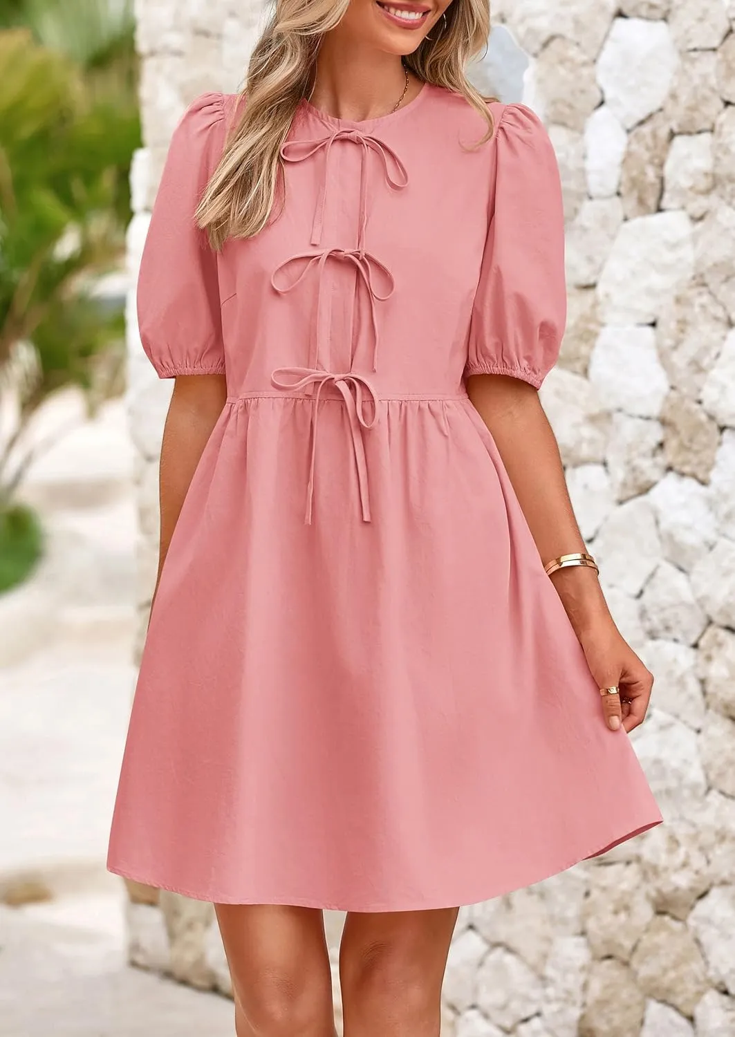 PRETTYGARDEN Womens 2025 Summer Casual Short Sleeve Dresses A Line Bow Tie Front Babydoll Loose Cute Mini Dress with Pockets